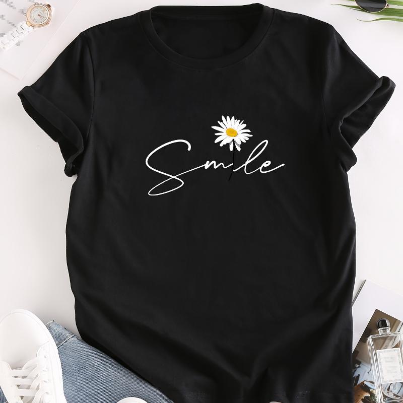 Blumen- & Buchstaben-Print Rundhals-T-Shirt Lässiges Kurzarm-T-Shirt für Sommer Damenbekleidung Bequeme Weiche Kreative Oberteile