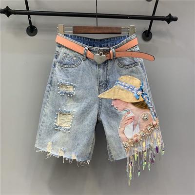 Pantaloncini di Jeans Dritti a Cinque Tasche con Frange e Paillettes Strappati, Sezione Corta, Primavera ed Estate da Donna