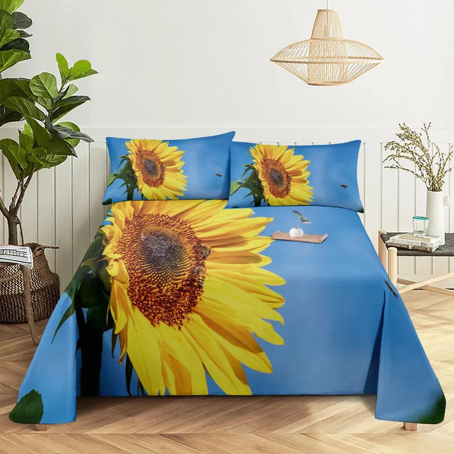 Sunflower Bed Sheets and Pillowcases for Single Double Beds Bedsheets Set with Pillow Case 2pcs 3pcs Queen Full Size 3D Soft