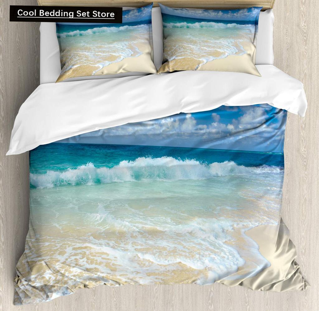Summer Beach King Queen Duvet Cover Blue Ocean Fish Bedding Set Hawaiian Sea Palm Trees Quilt Cover Marine Life Comforter Cover