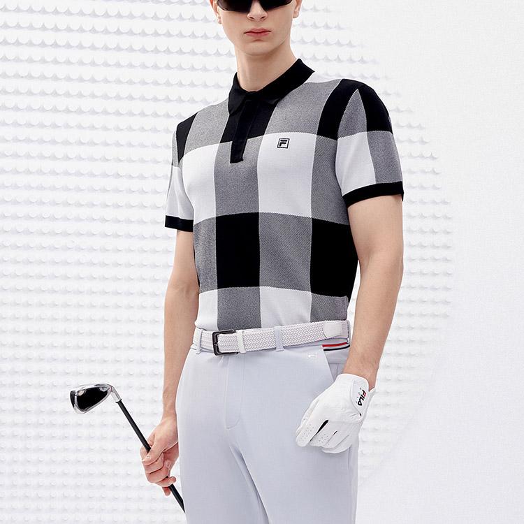 FILA Plaid Short Sleeve Golf Knit Polo Shirt Men tops Deep-Black A11M245408F-BK