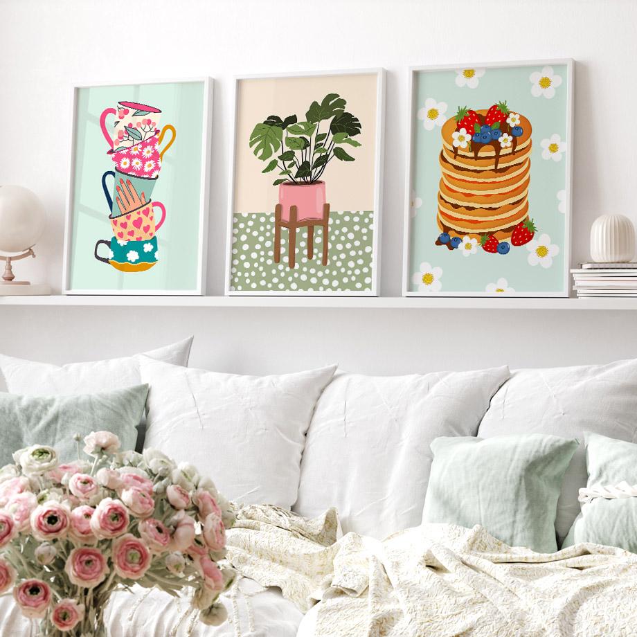 Tropische Pflanzen Daisy Vase Pizza Kaffeetasse Essen Abstrakte Poster Drucke Wand Kunst Leinwand Bilder Boho Küche Wohnzimmer Dekor Kein Rahmen