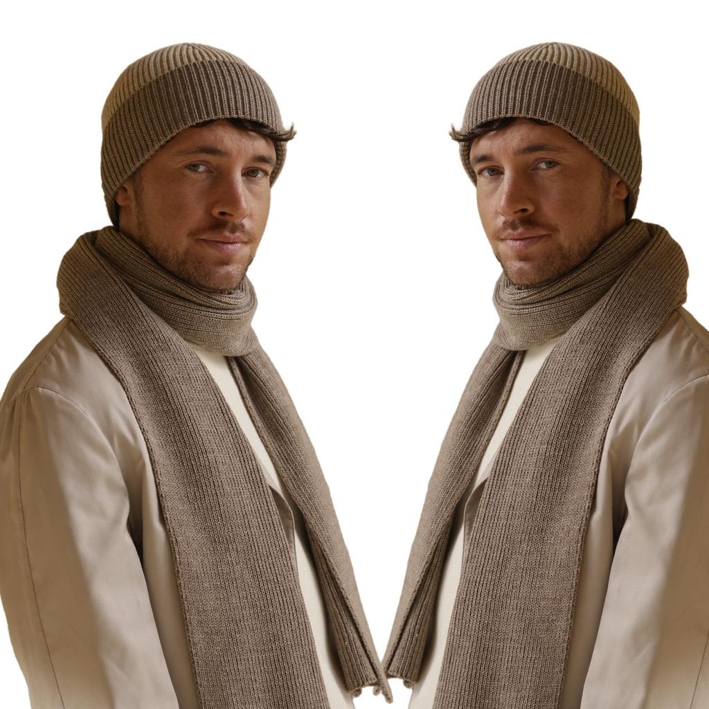 Two-Tone Men' Set Dark Beige Leon Hat with Scarf