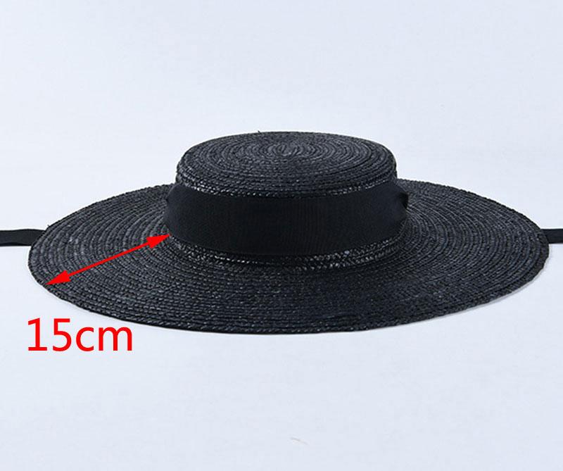 New Wide Brim Sun Hats 15cm Brim Boater Straw Hat Flat Women Summer Derby Chapeau Hat White Black Ribbon Tie Sunscreen Beach Cap