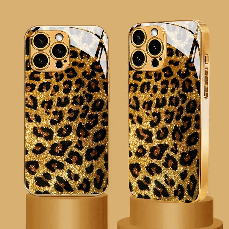 Golden Black Leopard Print Metallic Tempered Glass Phone Case For iPhone 11 12 13 14 15 16 17 18 Pro Max 14 Plus 17Air 16E Cover