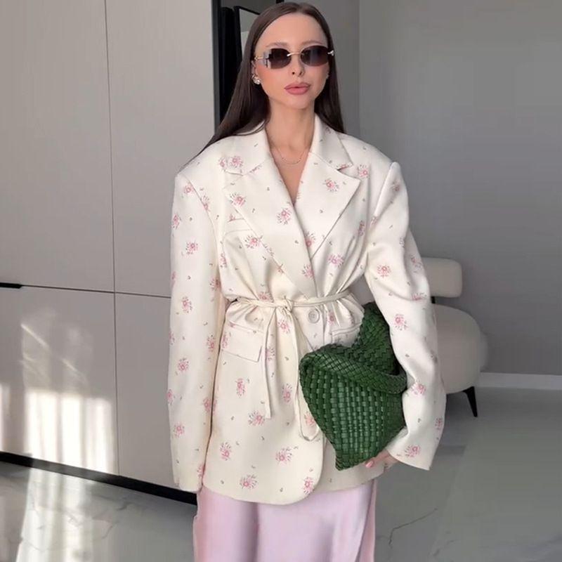 

European and American Print Loose Suit Collar Lace-up Waist Hugging Suit Outerwear Loose Printed Lace up Suit Apricot color 2XL