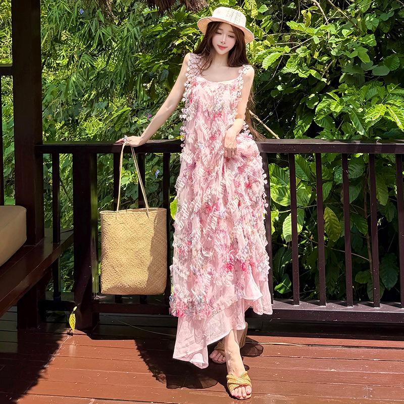 Pink Flower Shadow French Floral Suspender Dress Women's Summer Gentle Wind Waist Thin Seaside Vacation Dress
