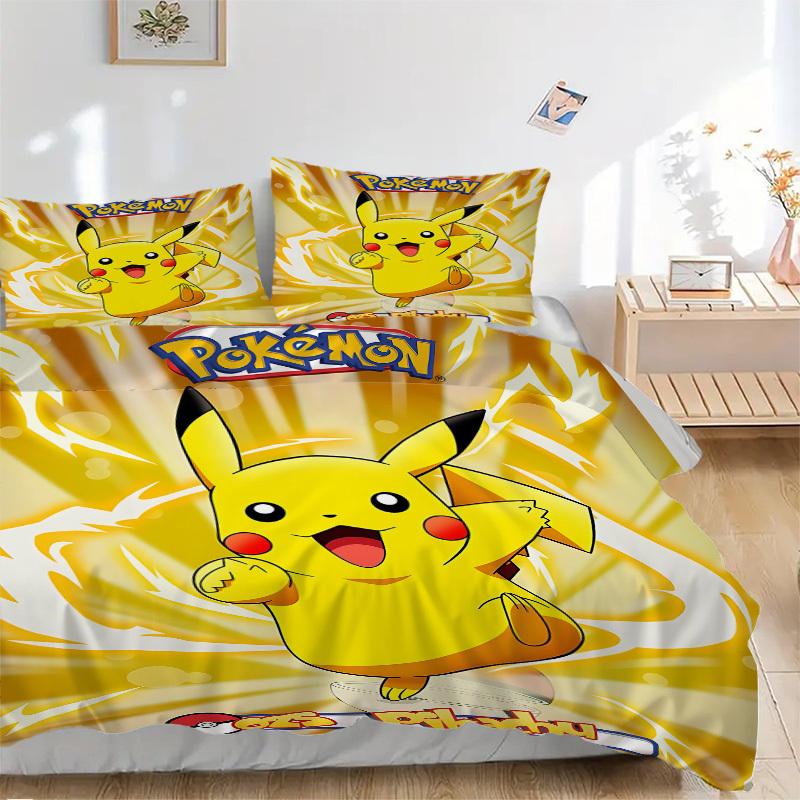 3pcs bedding set Pikachu Electric Includes 1 Comforter + 2 Pillowcases, Without Pillow Inserts, Soft Comfortable, Lightweight Breathable, Pr