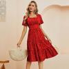 A-Line Summer Casual Dress Women Ruffles Short Sleeve Chiffon Dot Print Pattern Square Collar Medium Long Love Red Black Blue Green