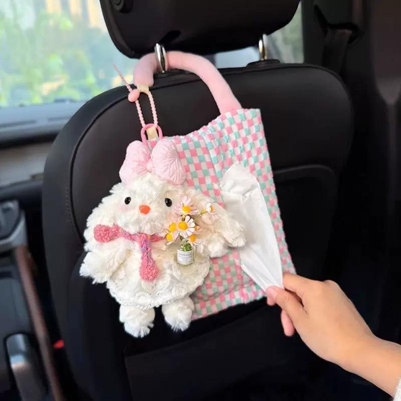 Cute Plush Rabbit Car Tissue Holder, Hanging Car Organizer, Pink
