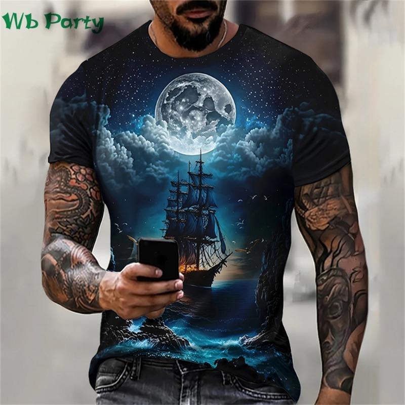 Pattern Print Mens Clothing T Shirt for Men Short Sleeve Tee Gym Clothing Men Male T-shirt Pirate Ship Print Clothes