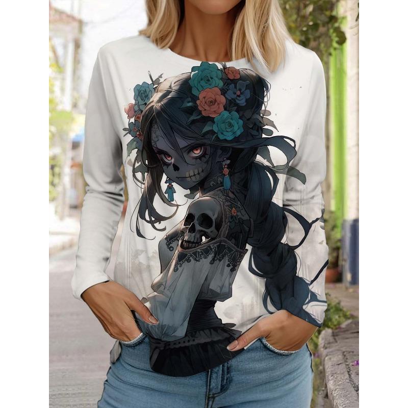 Sugar Skull Pattern Womens Long Sleeve Shirt Day of the Dead Shirts Summer 3D Printed Tops y2k Gothic style Women's Clothing