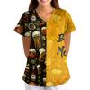 Women's Oktoberfest Print V-Neck Short Sleeve Scrub Top with Pockets, Loose Fit