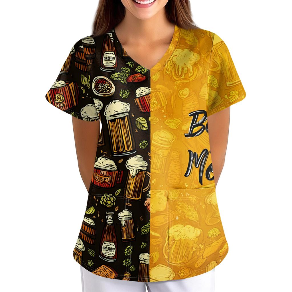 Women's Oktoberfest Print V-Neck Short Sleeve Scrub Top with Pockets, Loose Fit