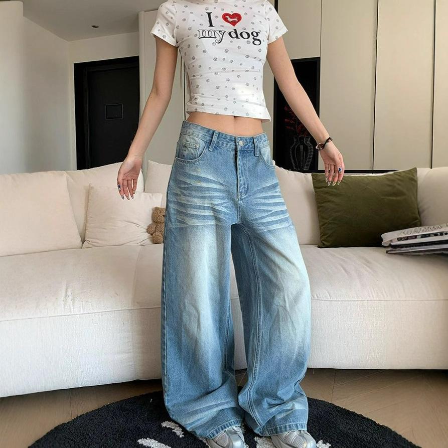 Design Crease Washed Jeans Women Spring and Summer Loose Wide Leg Trousers Do Old High Waist Straight Trousers Jeans for Women Long Denim Pants