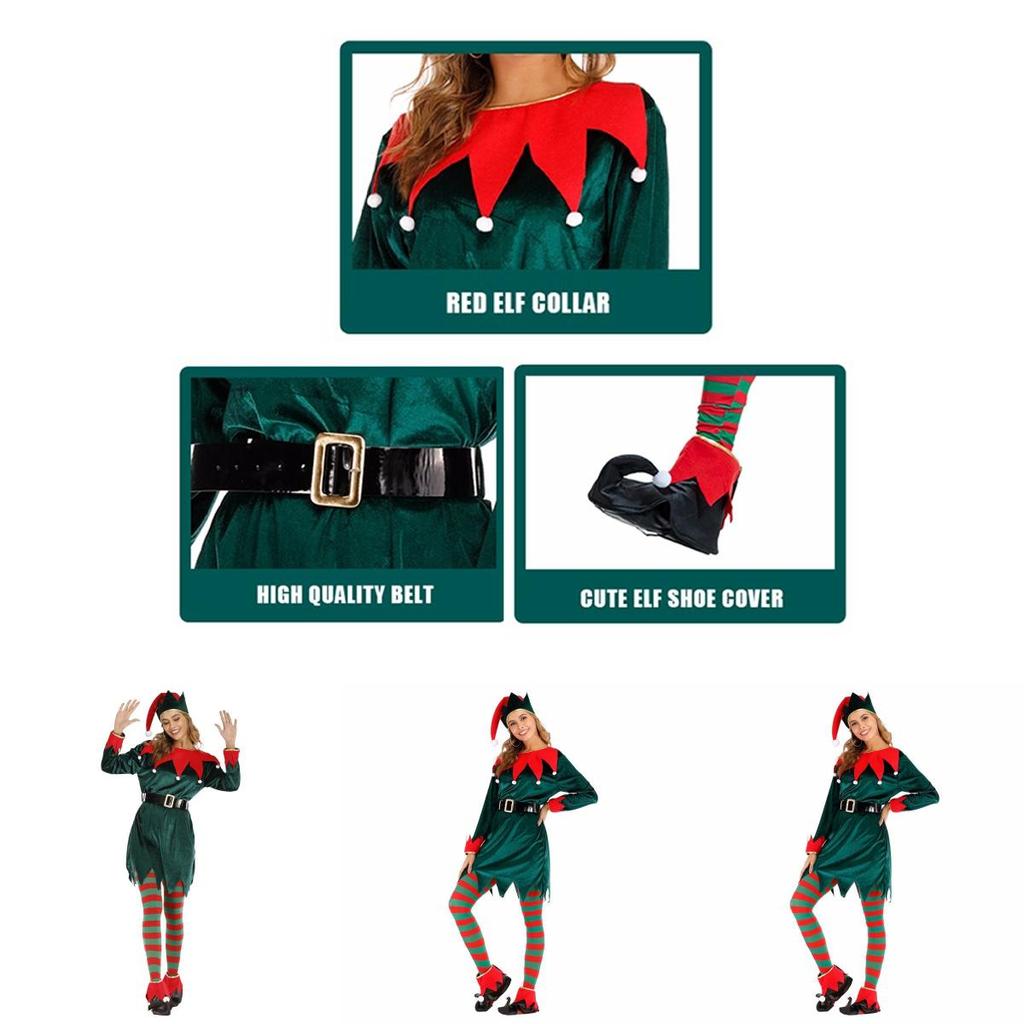 Women's Festive Xmas Elf Outfit Velvet Cosplay Costume With Bells