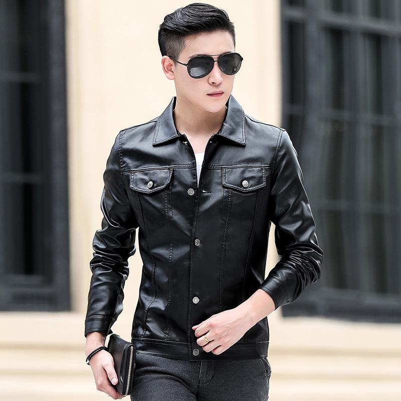 

New Autumn Men s Slim Fit Korean Style PU Leather Jacket with Faux Pocket 2XL