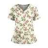 Women's Floral Print V Neck Medical Scrub Top with Side Slits Short Sleeve Professional Nurse Uniform Shirt for Healthcare Workers