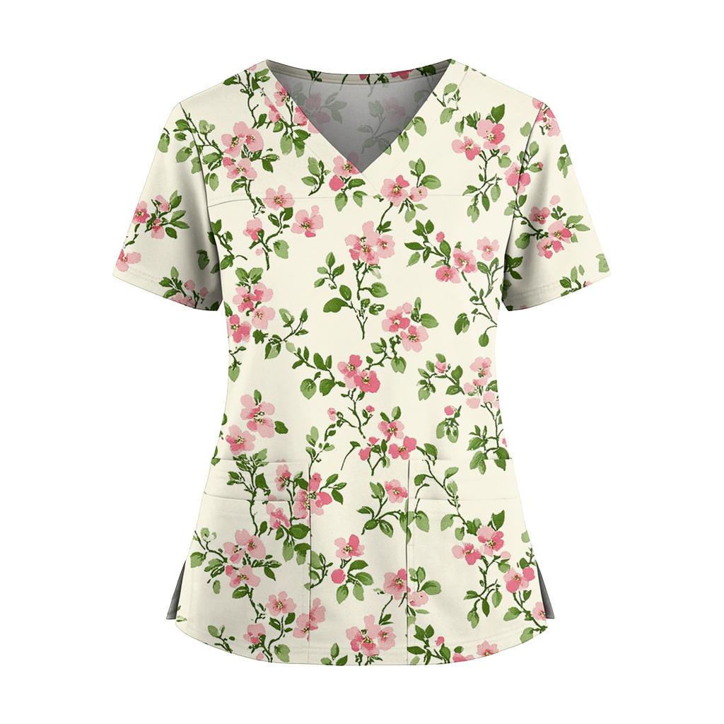 Women's Floral Print V Neck Medical Scrub Top with Side Slits Short Sleeve Professional Nurse Uniform Shirt for Healthcare Workers