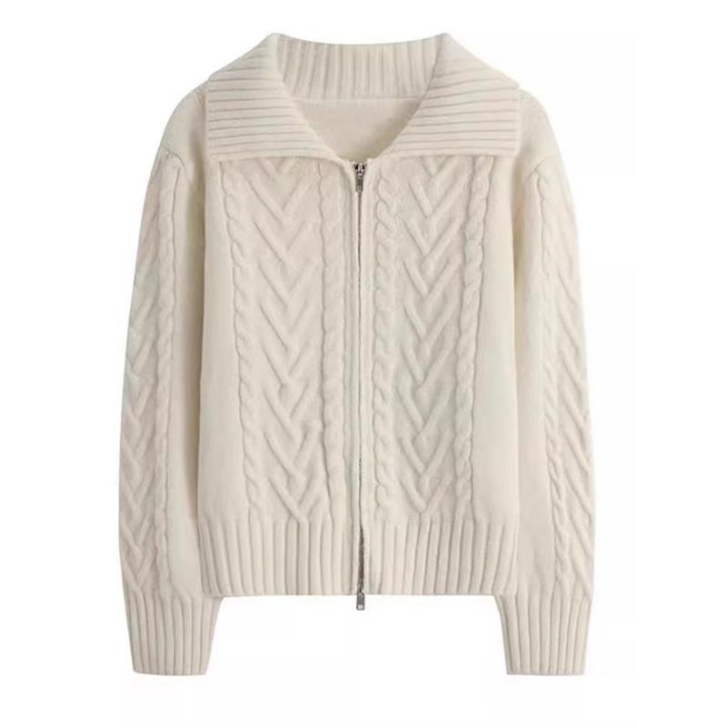 Twist Diamond-shaped Plaid Lapel Zipper Temperament Ladies Sweater Jacket, Niche Thickened Outerwear Lazy Knitted Cardigan