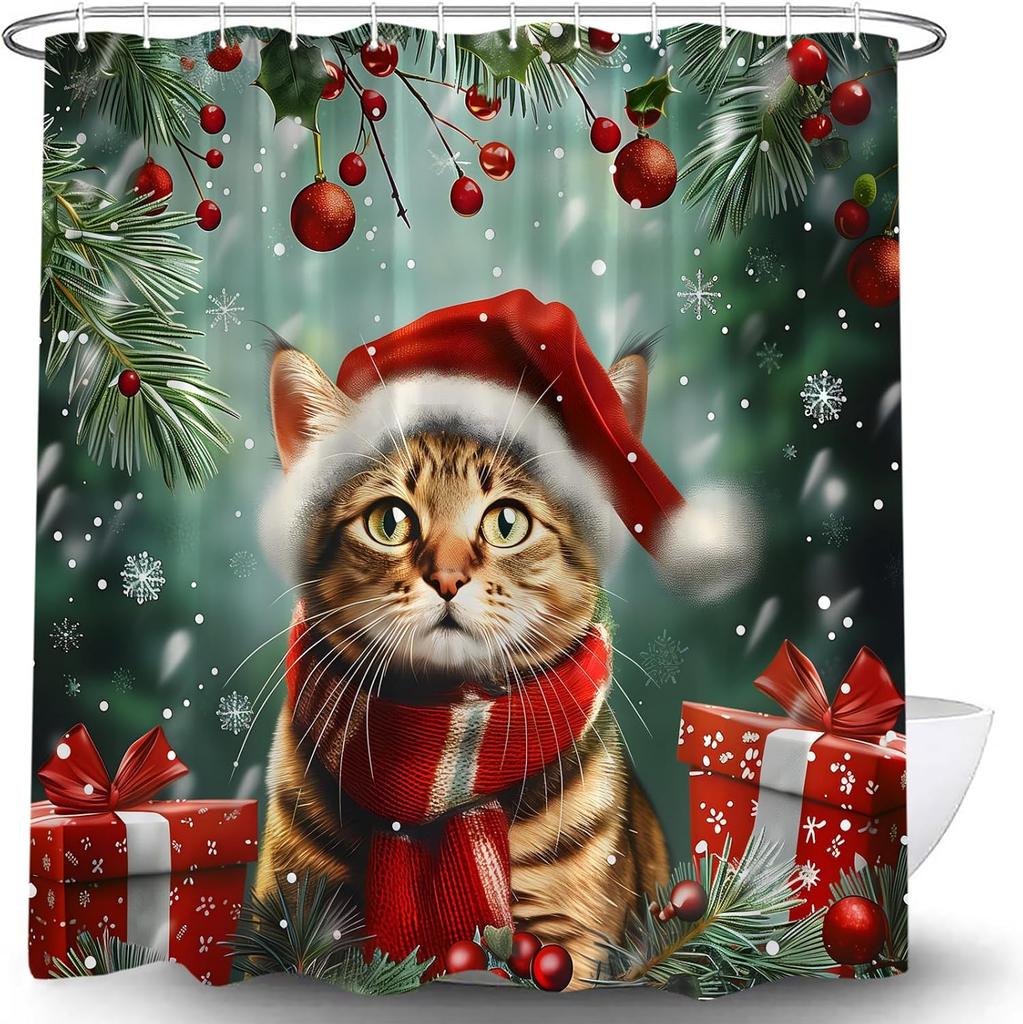 Christmas Shower Curtain Cute Cat Red Xmas Ball Snowy Pine Tree Leaves Snowflake Snow Winter Forest Nature Scene Funny