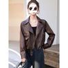 2025 Women's Petite PU Leather Short Motorcycle Jacket, Spring/Autumn Casual Style with Suit Collar.