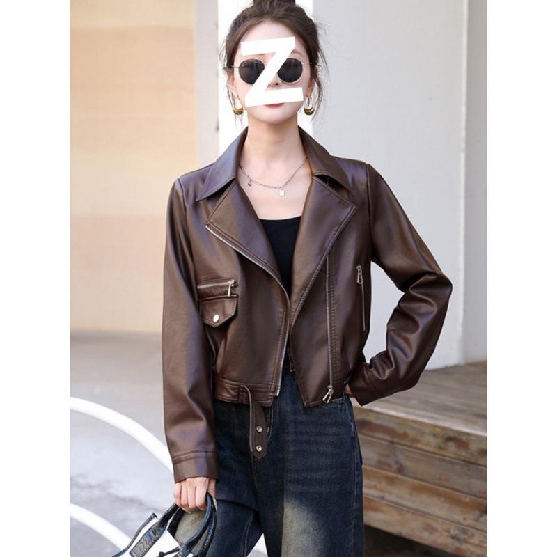2025 Women's Petite PU Leather Short Motorcycle Jacket, Spring/Autumn Casual Style with Suit Collar.