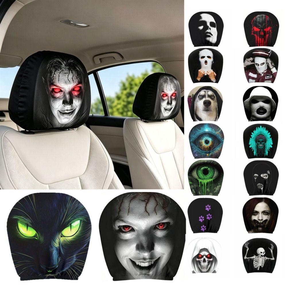 2 Pcs 2D Stretch Car Headrest Covers Ghost Neck Pillowcase Car Interior Decor  All Seasons
