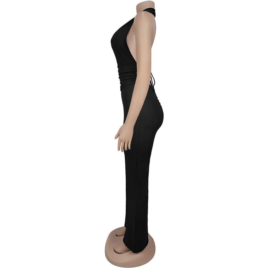 Strappy Deep V Halter Solid Color Jumpsuit - Women's Fashion Europe America Style