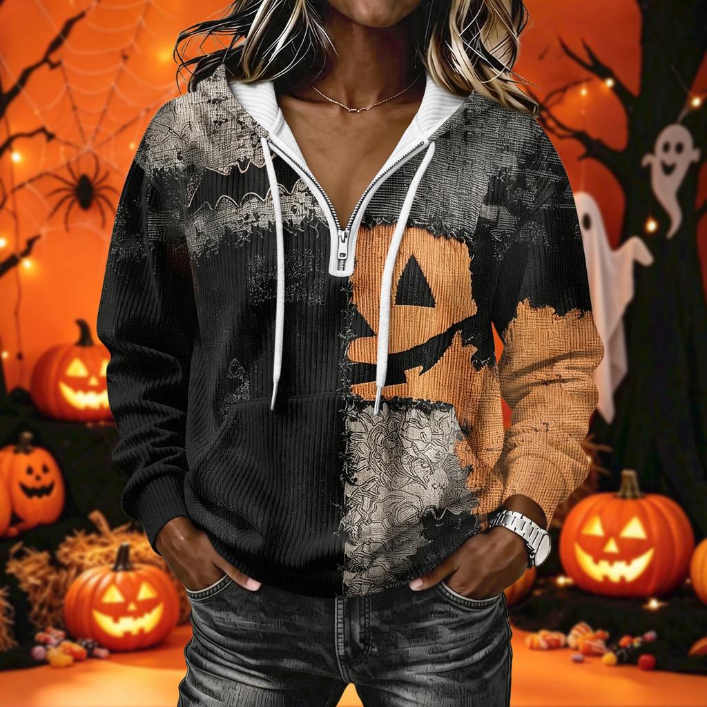 Felpa con cappuccio e stampa di Halloween da donna a maniche lunghe