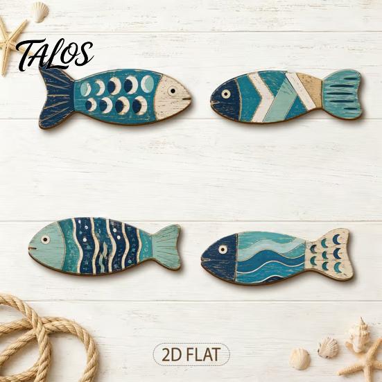 Wall Hanging Decor for Beach House 4Pcs Wooden Fish Decor, 2D Flat Mediterranean Style Ornaments Coastal Nautical Theme Room Accessories Home Bedroom