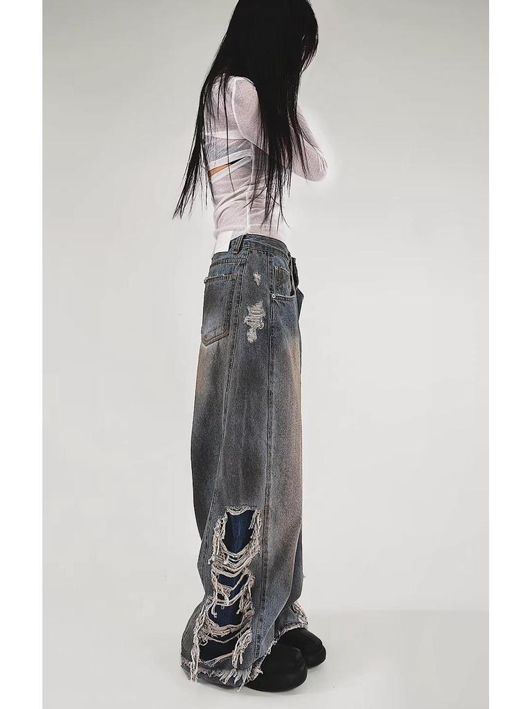 Trendy Korean Tassel Ripped Jeans: Washed, Punk Style, Straight-Leg, Draping Long Pants for Teenagers