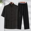 High-Quality Men's Striped Silk Tang Suit Summer Set: Chinese Style Casual Wear for Middle-Aged & Elderly