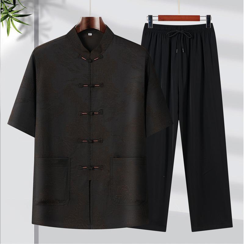 High-Quality Men's Striped Silk Tang Suit Summer Set: Chinese Style Casual Wear for Middle-Aged & Elderly