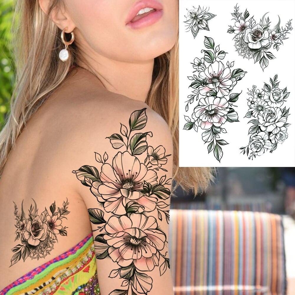 Black Flower Temporary Tattoo For Women Adultsl Fake Peony Rose Dahlia Lotus Tattoo Sticker 3D Body Art Bouquet Sexy Tatoo Paste