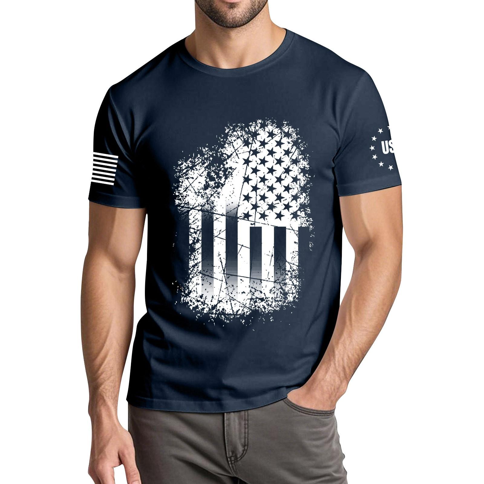 

Чоловіча модна повсякденна футболка з круглим вирізом та коротким рукавом з принтом до Дня Незалежності XXL Темно-синій
