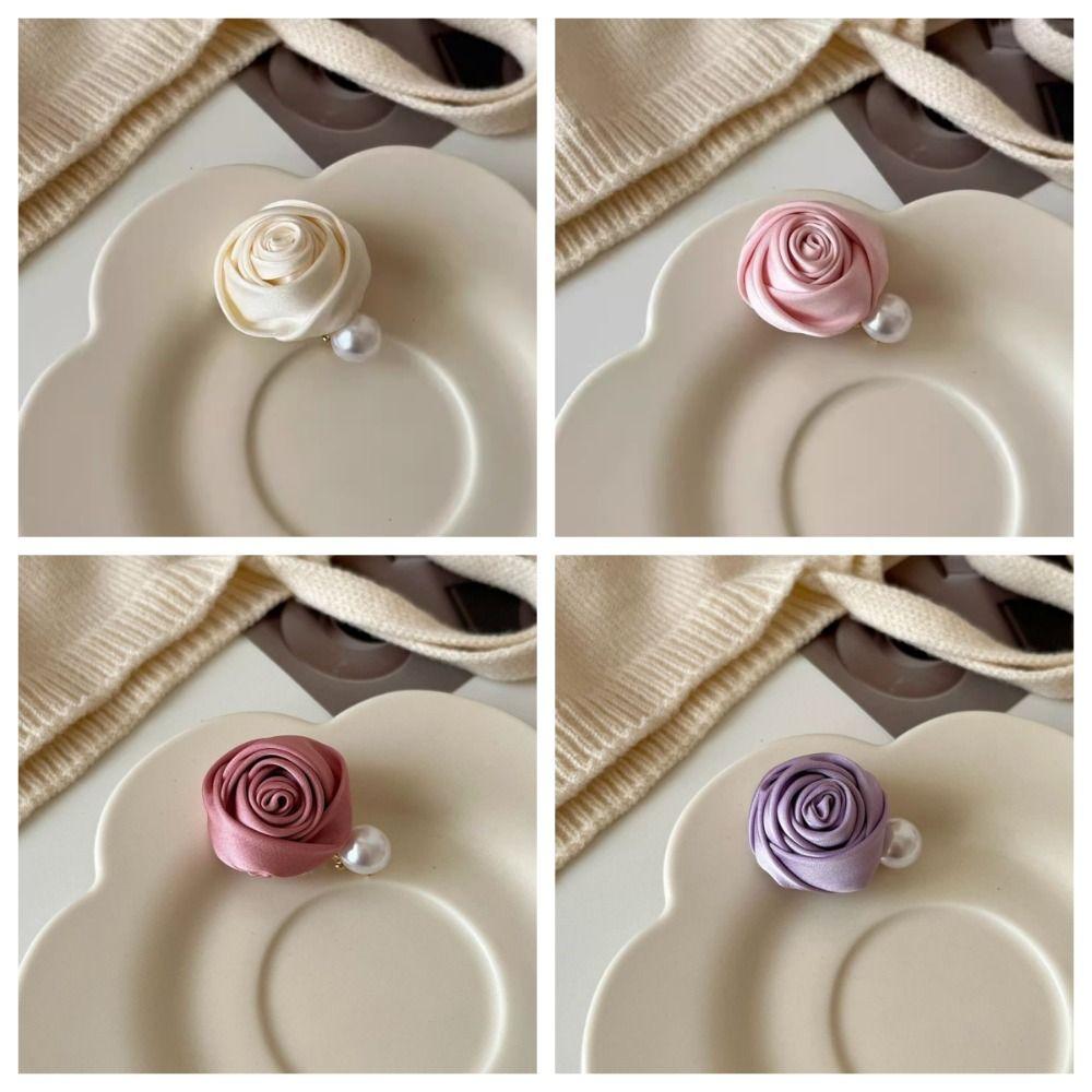Flower Rose Hair Clips Korean Style Pearl Barrettes Elegant Silk Satin Hairpin  Women