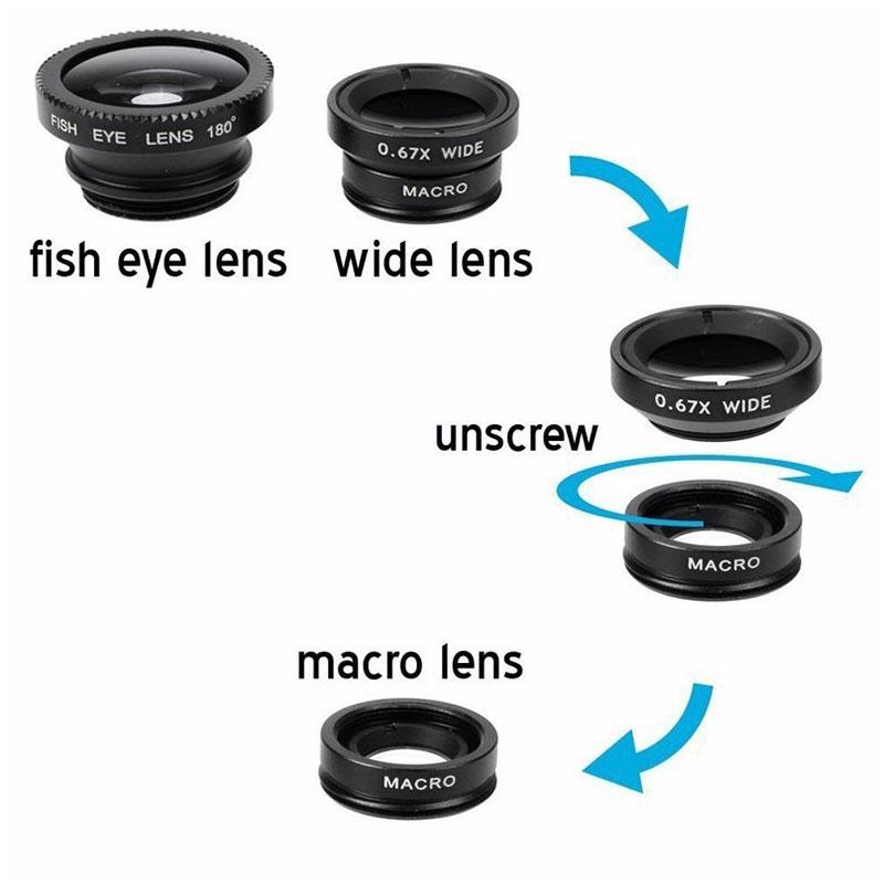 3-In-1 Phone Camera Lens Kit Fisheye Mobile Phone Lenses 0.67X Zoom Wide Angle Macro Hd Universal Camera Lens For All Smartphone