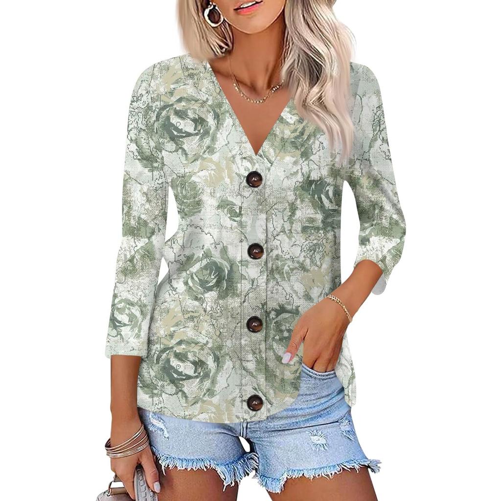 Camisa Feminina Casual Estampada com Botões e Manga 3/4