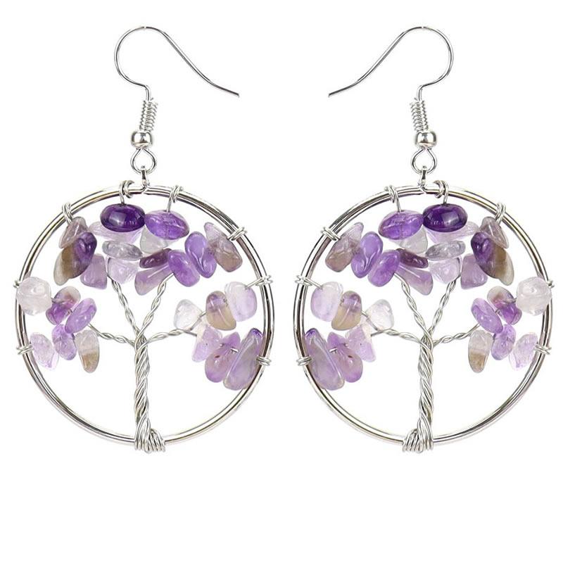 Tree Of Life Wire Wrapped Tumbled The crystal onyx Lapis lazuli Stone Beads Round Dangle Drop Hook Earrings 1pair аметист
