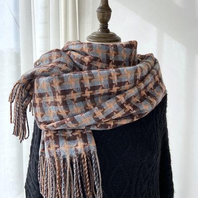 Schal für Damen, Herbst und Winter, High-End-Gefühl, karierter Schal mit Quaste aus Kaschmirimitat, dicker und warmer Schal für Studenten