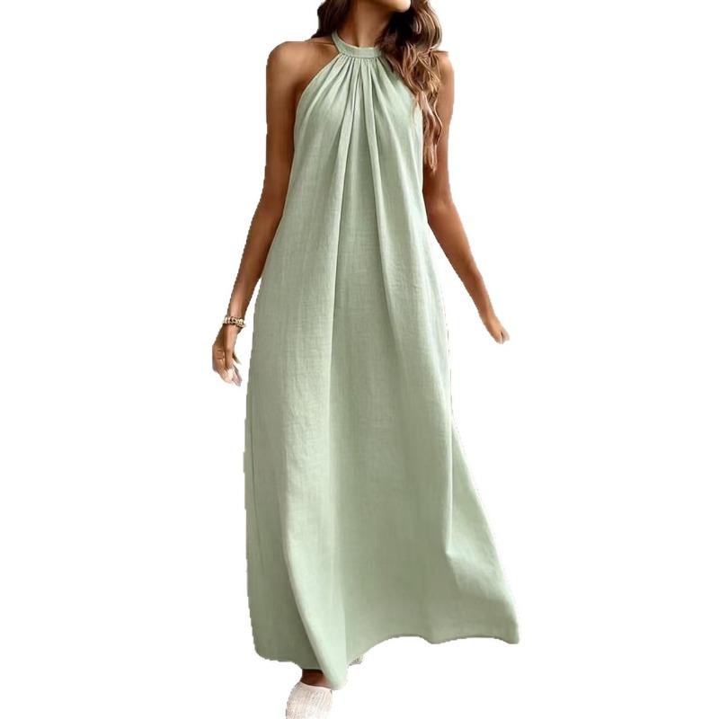 Mode Ärmelloses Lockeres Langes Kleid Neu Einfarbige Hängende Hals Party Sommerkleid Rückenfrei Sexy Falten Casual Einfache Kleidung