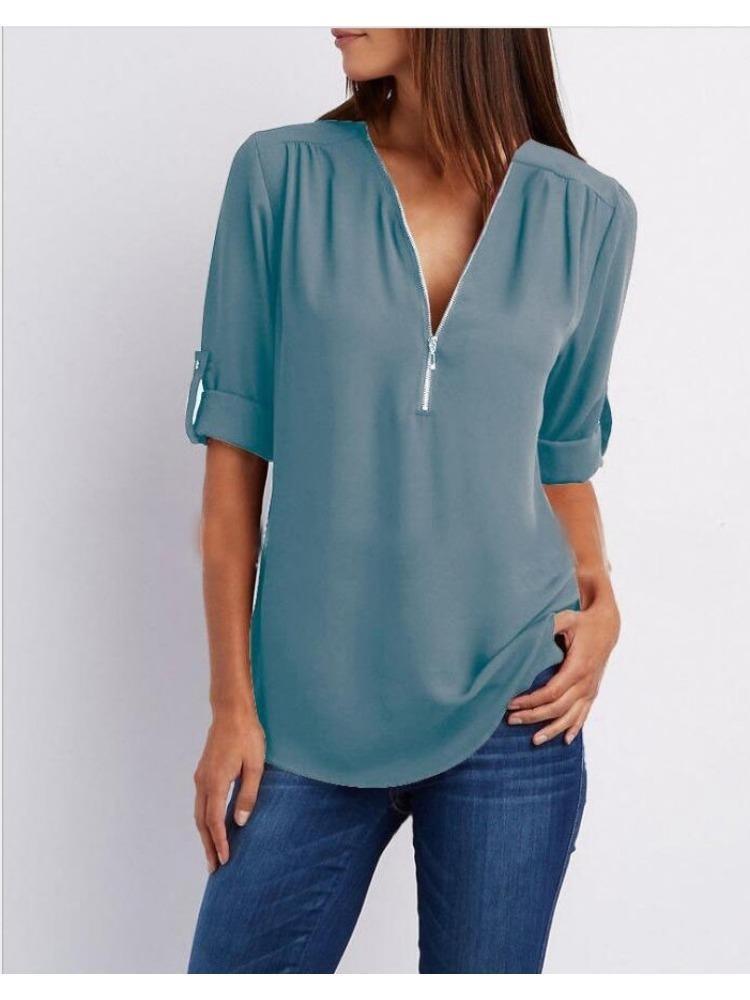 Women's Plus Size Loose Fit V-neck Chiffon Shirt with Long Sleeves and Adjustable Zipper