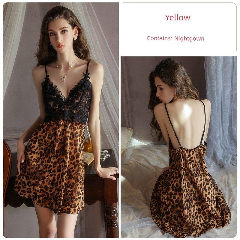 

Good Morning with You: Little Wild Cat Sexy Leopard Print French Style Slip Nightdress V-neck Sexy Sexy Pajamas Home Wear Autumn Leopard print (single nightgown) 170(XL)
