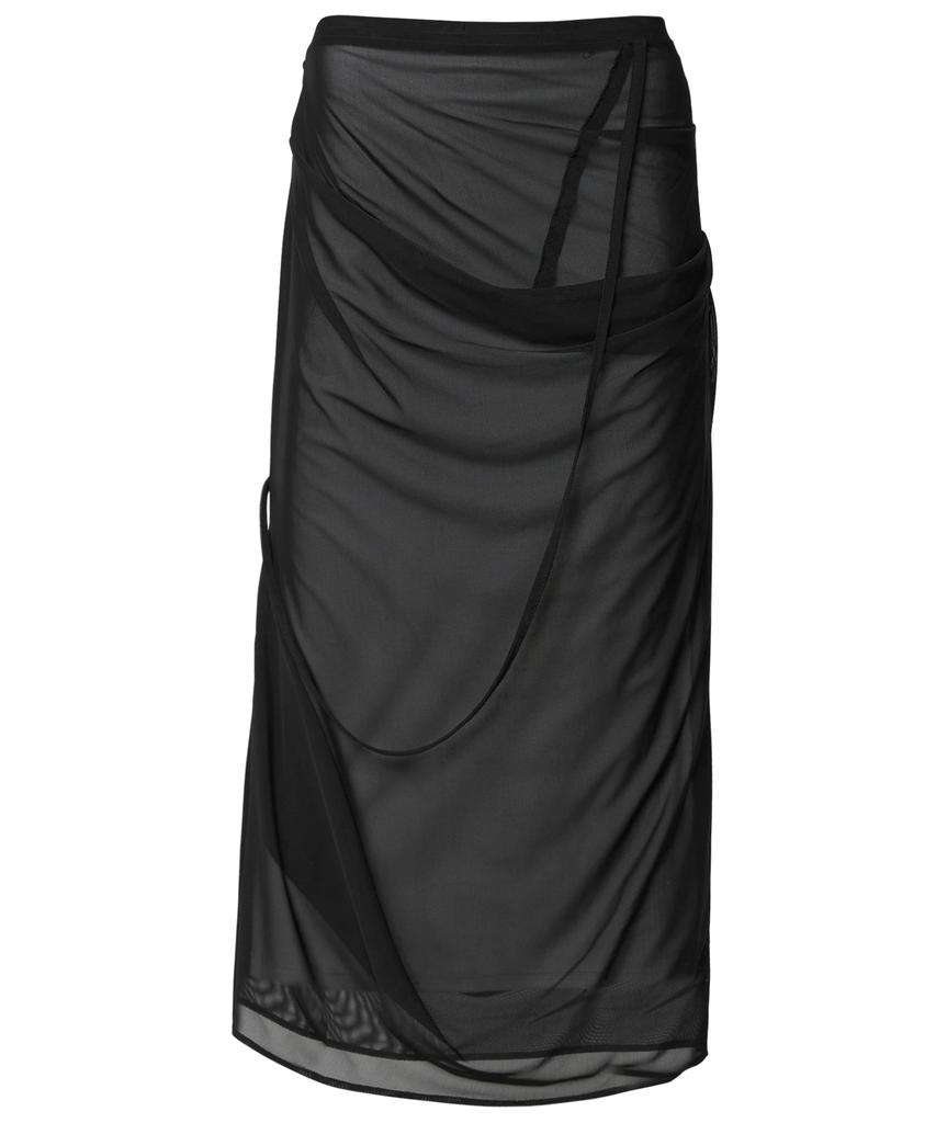 Peulleeoeob Draped Mesh Layered Long Skirt (Fl-264_Black)