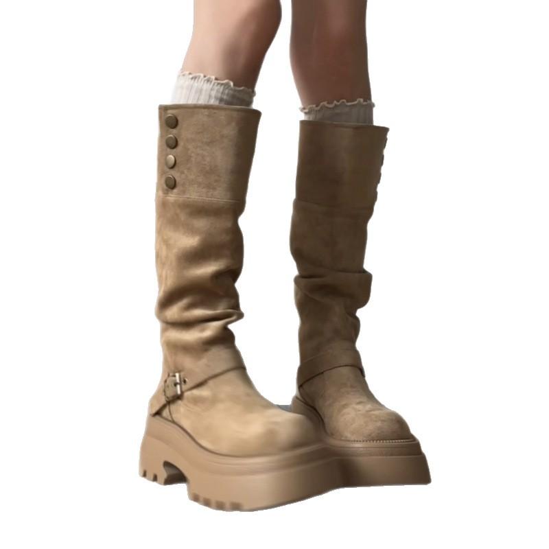 Fashion British Style Foldable Thick Heel Platform Boots Autumn and Winter Retro Design Sense Thin Women Knight Boots