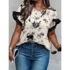 Women's New Summer Round Neck Spliced Ruffle Loose Printed Short Sleeve Tops T-shirt
