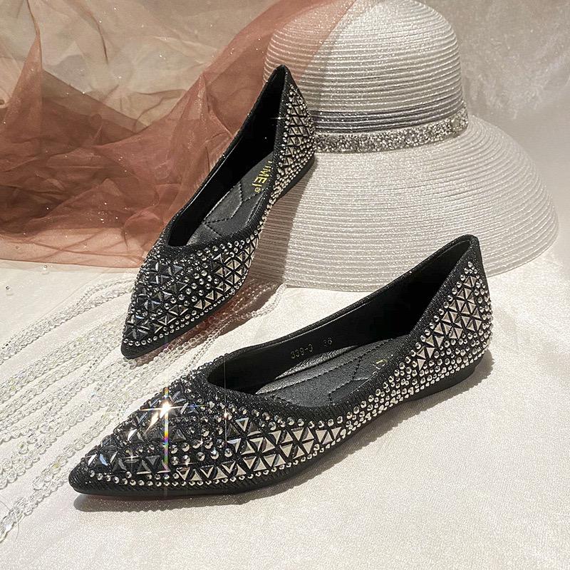 

Luxury Designer Shoes for Women Pointed Toe Flat Shoes Women Ladies Glitter Crystal Shoes Office Dress Loafers Zapatos De Mujer 34 чёрный