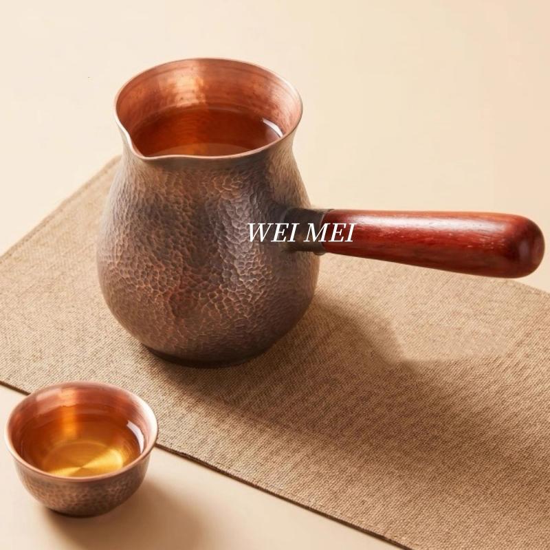 Vintage Copper Coffee Pot,Home Side-Handle Tea Brewing Pot Cold Drink Cup,Camping Handcrafted Engraving Hammer Texture Tea Cup