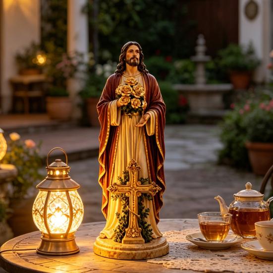 Blessed Mother Garden Light Statue with Flower USB Lamp Ornament Weather-Resistant Glowing Rose Decorative Lamp for Outdoor